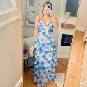 Blue Floral Organza Maxi Dress with Back Bow
